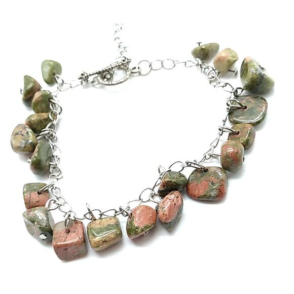 Artisan Unakite Jasper Bracelet Green Pink Stone Beads Silver Chain Toggle Clasp - Picture 5 of 13
